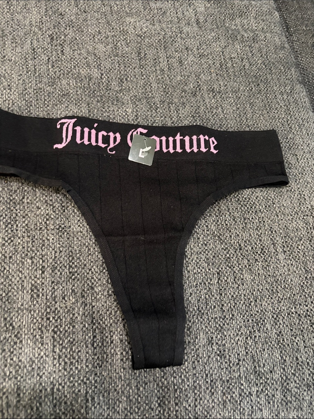 Juicy Couture Seamless Ribbed Thong Panty Black Pink Logo Size L NWT